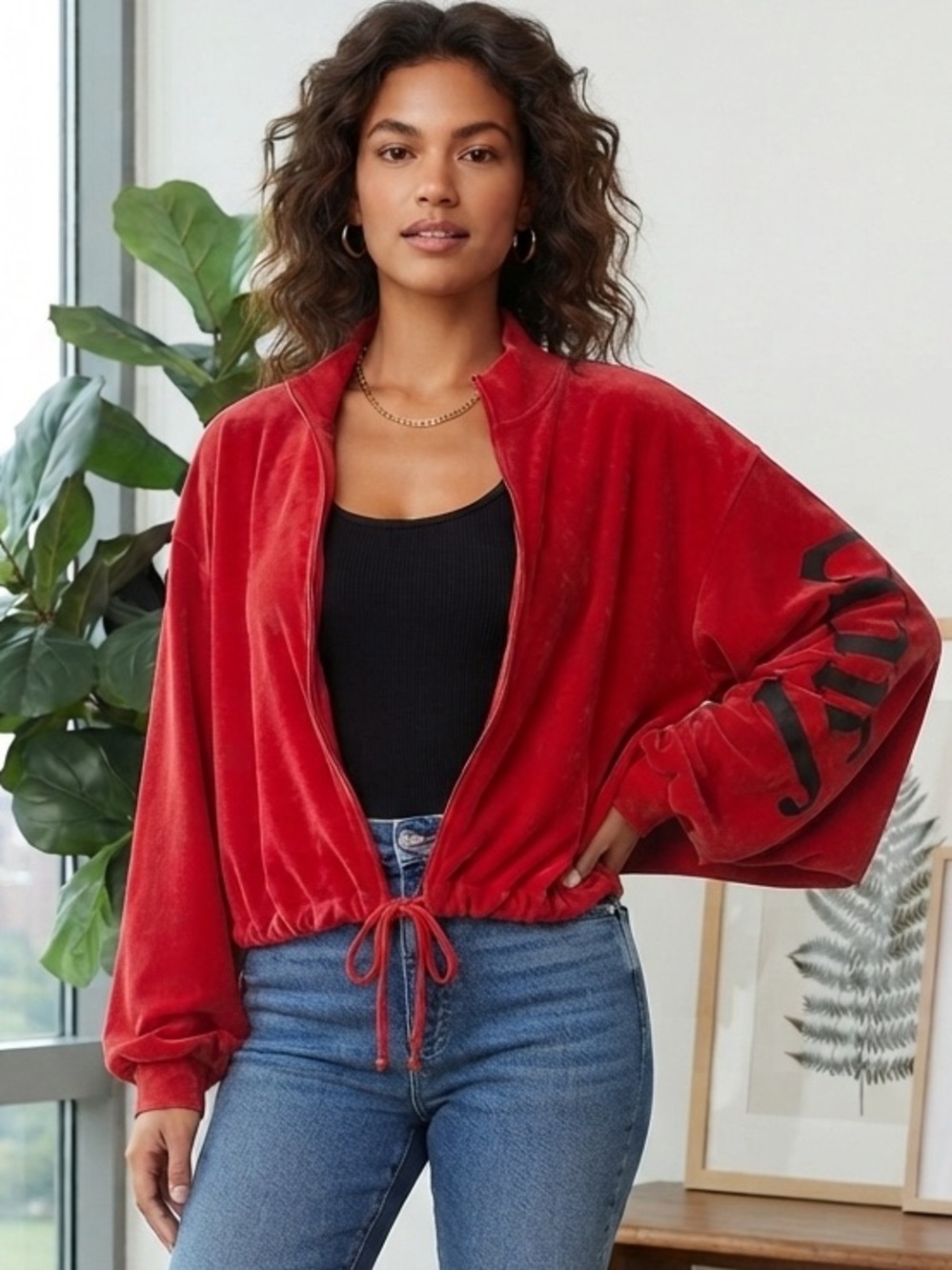Juicy Couture Red Zip-Up Batwing Oversized Velour Jacket